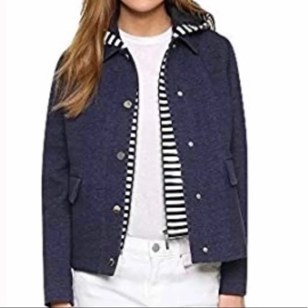 Tory Burch navy blue detachable striped hoodie jacket coat style# 11162501